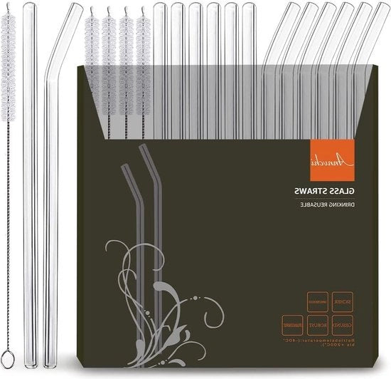 Set di canne di vetro riutilizzabili - 16 pezzi - rette e curve - 215 cm - spazzole per pulizia - per preparazione di smoothies, cocktail e succo di frutta Canne di vetro