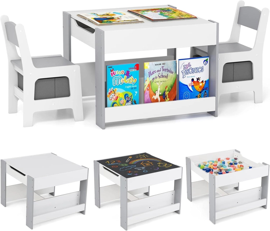 Set Tavolino Bambini con 2 Sedie per 3+ Anni, Tavolo e Sedie 4 in 1 con Lavagna Rimovibile, Librerie e Scatola in Tessuto, Mobile Salvaspazio per Scuola, Asilo e Cameretta (Bianco e Grigio)