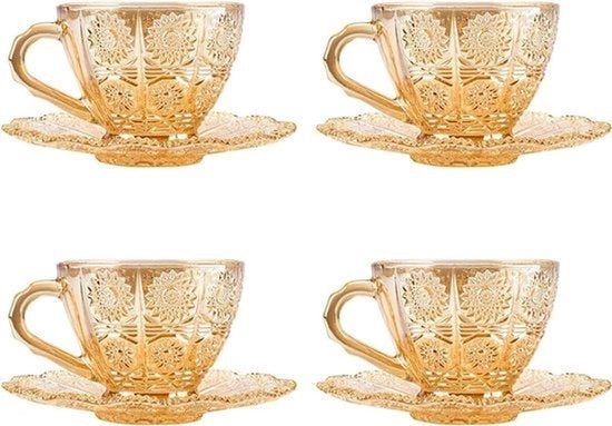 Set di tazze da tè in vetro - Stile vintage - Disegno fiorale - Tazze da caffè - Tazze da tè - Tazze per dessert - Tazze da tè per adulti - Colore ambra - Tazze da tè per la famiglia - Tazze da tè per amici