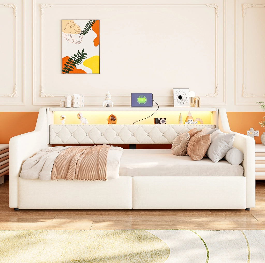 Daybed 90x200 cm con contenitore idraulico, LED e porte USB/USB-C