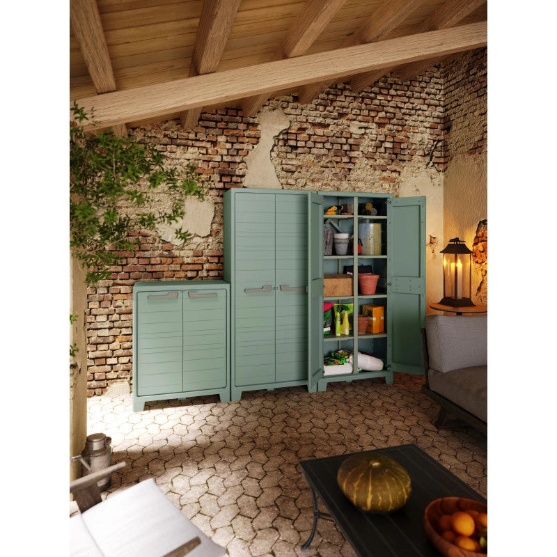 Armadietto da esterno in resina impermeabile IPX3 resistente UV basso 2 ante 80x44x100 cm Grigio/Verde riciclato - Planet Outdoor Basso - Keter
