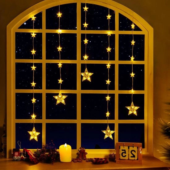 Decorazione di Natale Lampada da parete con stelle Timer batteria per finestra Interno Esterno Bianco caldo IP65 Con ganci 8 modalità.