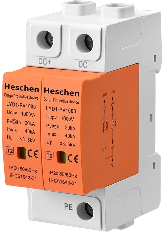 Sistema di Protezione contro le Sovraccarichi - Protezione Fotovoltaica - Resistente al Fuoco - 2P 1000VDC - 20KA - Per Sistemi Fotovoltaici - Modello LYD1-PV1000