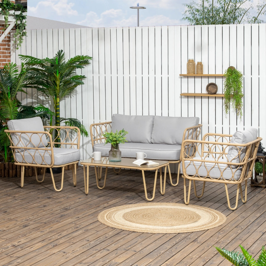 EasyComfort Salotto da Giardino in Rattan Stile Boho con Divano 2 Posti, 2 Poltrone e Tavolino con Vetro