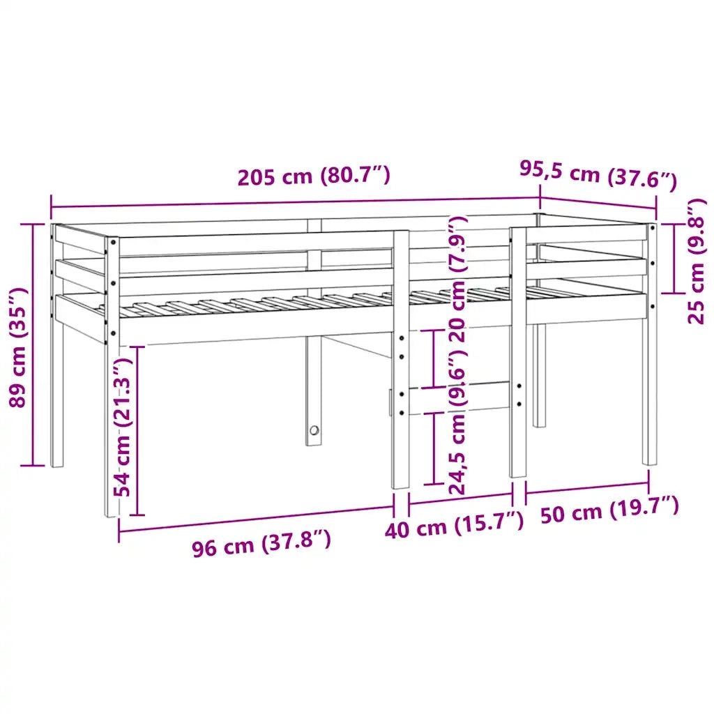 Letto a Soppalco Bianco 90x200 cm in Legno Massello di Pino 821605
