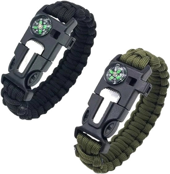 Bracciale di sopravvivenza multifunzionale 5-in-1 con chiusura a gancio - Compasso, pietra foca, fischietto di emergenza, corda paracadutista - Per escursioni, campeggiamento e sport all'aperto - Pacchetto da 2