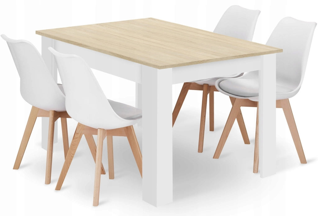 Set tavolo rettangolare Valora 120x80 rovere Sonoma + 4 sedie RIKX bianche