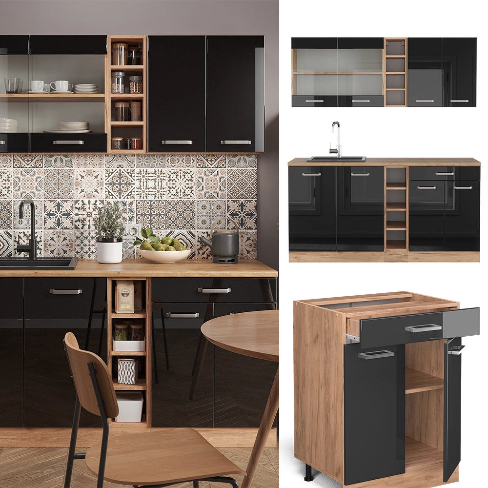 Vicco Cucina monoblocco Rovere nero/oro lucido 160 cm Senza piano di lavoro