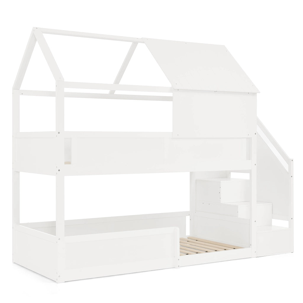 Letto a castello 80×200 cm con scala e barriere di sicurezza; senza materasso; legno massello; bianco
