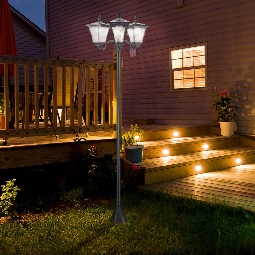 Lanterna solare da giardino con 3 luci, luce da vialetto con LED 120 lumen, IP44, acciaio inox 201, nera, 51,5 x 47 x 182,5 cm