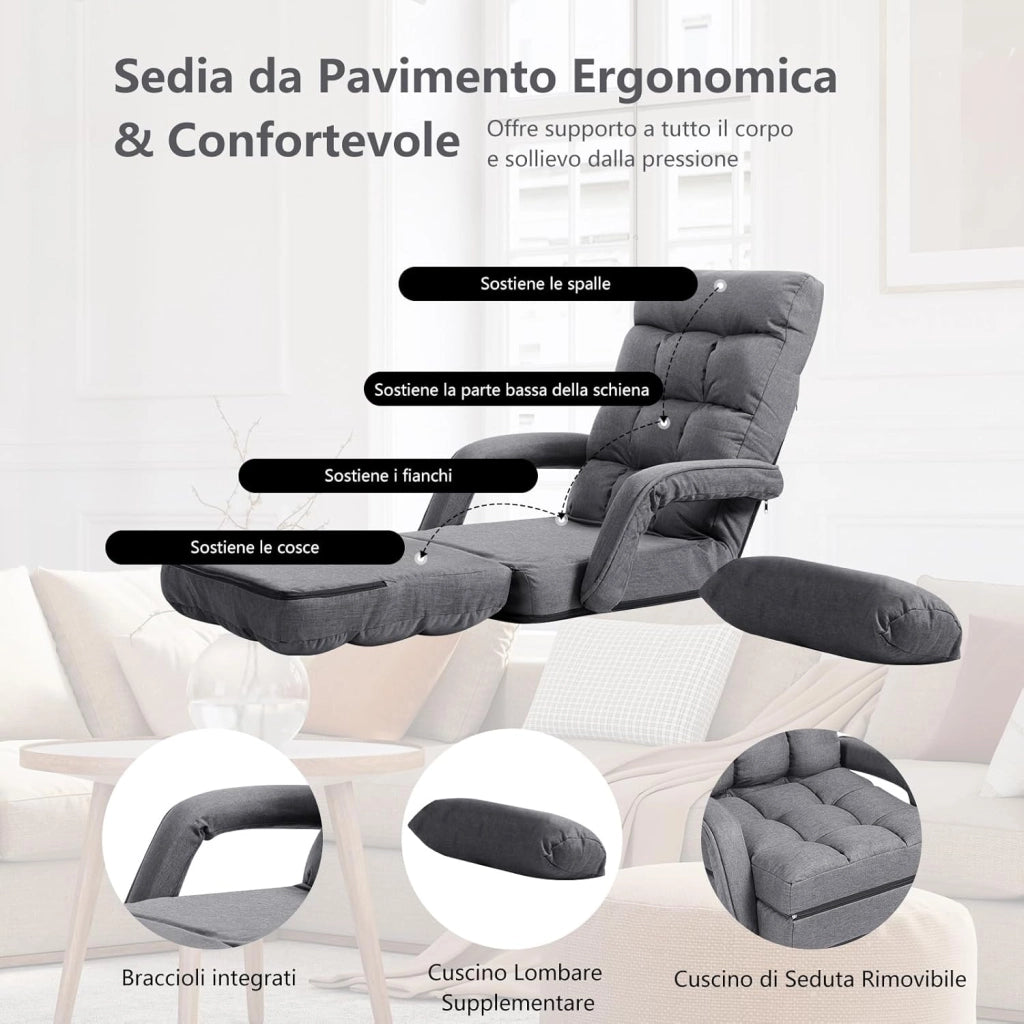 Poltrona Divano con 5 Livelli Regolabili, Sedia da Terra con Braccioli e Cuscino, Struttura in Acciaio, Multifunzione e Pieghevole per Soggiorno Camera da Letto, 55x66x71 cm (Grigio)