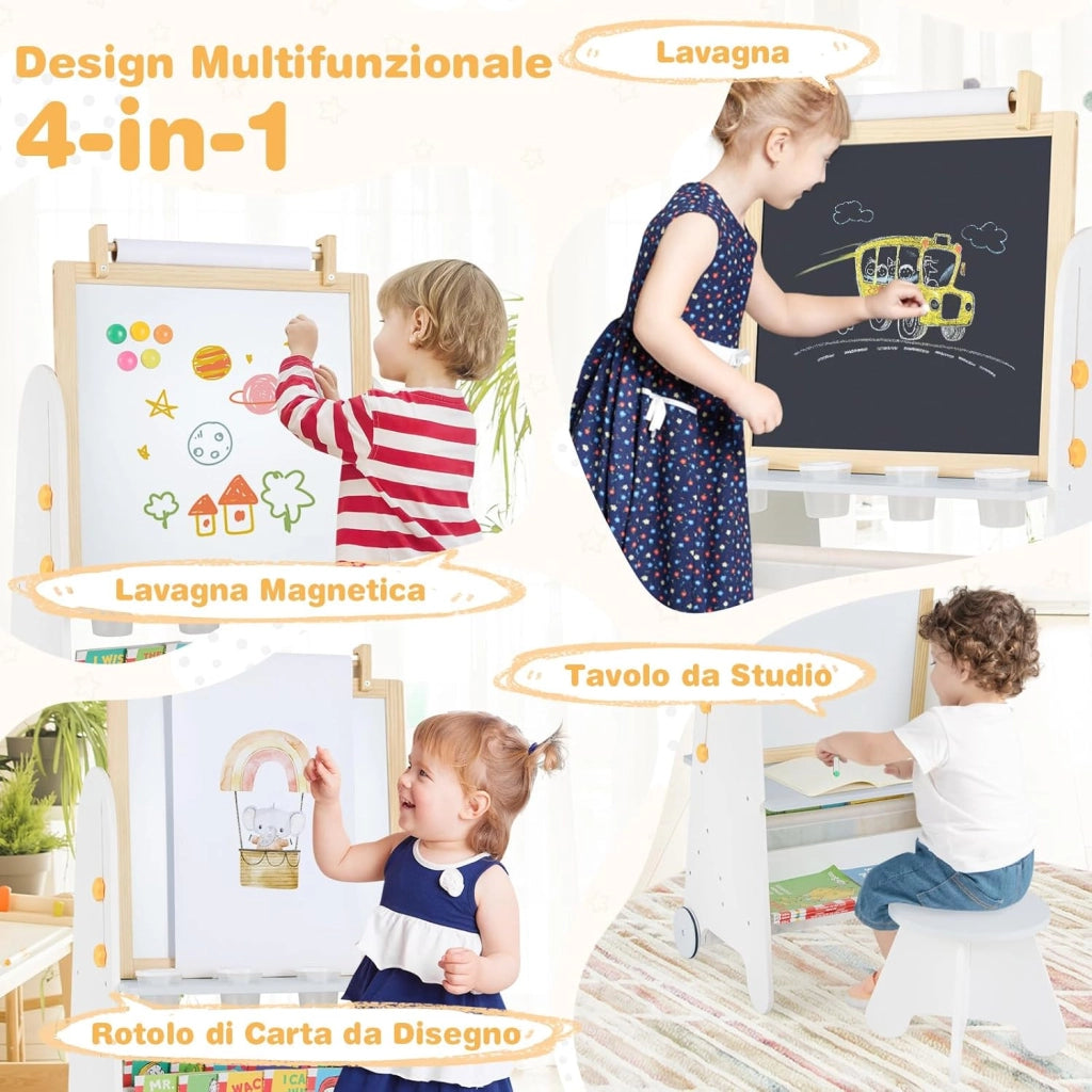 Cavalletto Lavagna per Bambini con Sgabello e Tavolo 4 in 1, Lavagna Magnetica Regolabile in Altezza con Rotolo di Carta e 4 Tazze di Vernice, Cavalletto a Ruote con Gessi e Cancellino