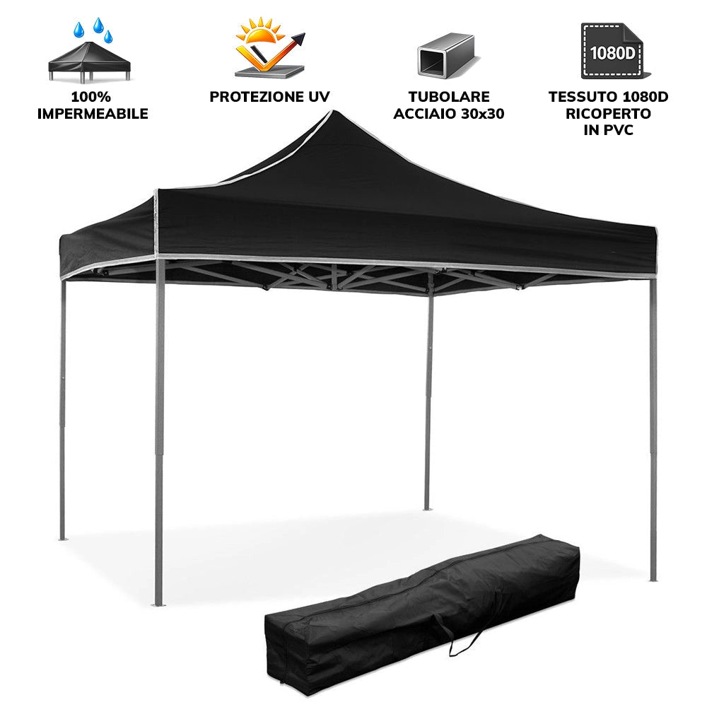 Gazebo richiudibile pieghevole 3 X 3 Nero ricoperto in PVC impermeabile