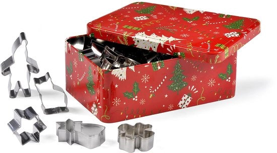 Cassa metallica rossa con stampo di albero di Natale, con 25 forme di biscotti in acciaio inossidabile – albero, elfo, angelo, stella, panettone, ciambella, ecc.