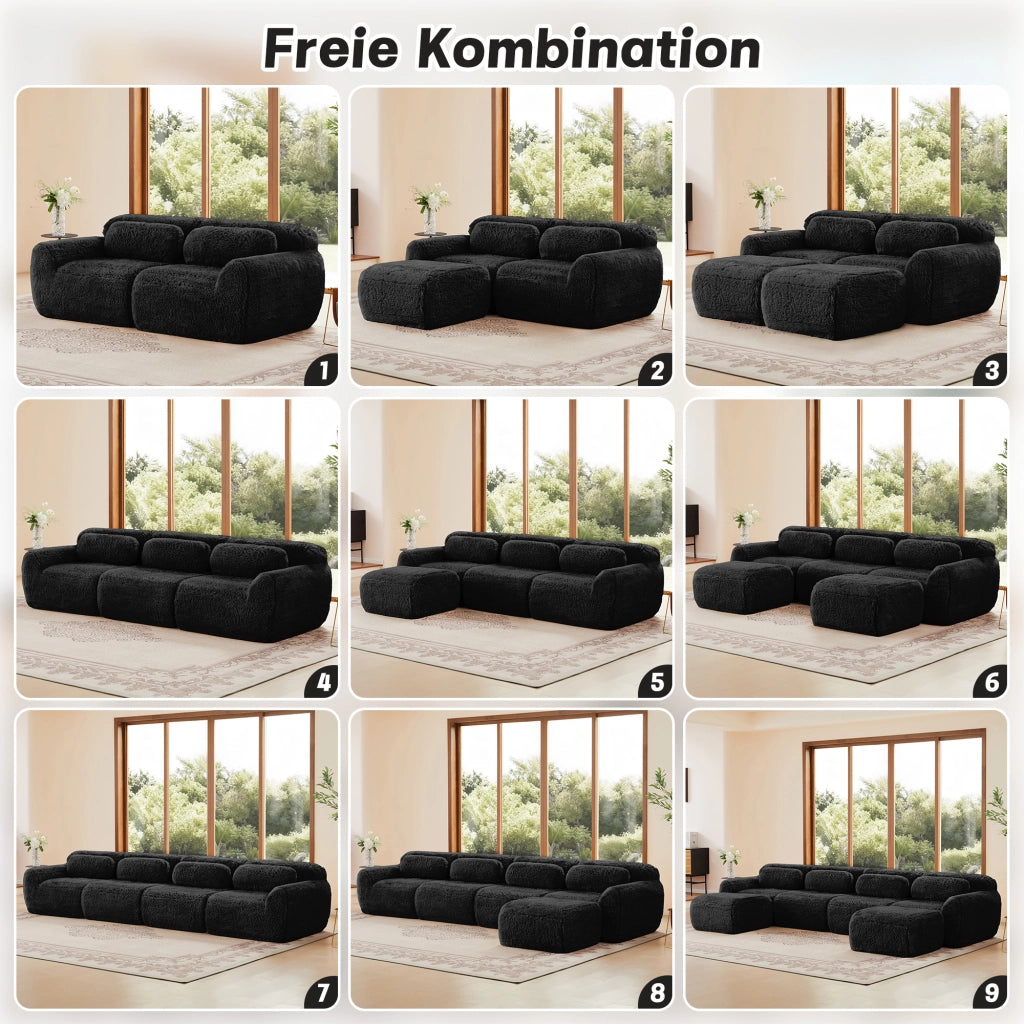 Divano Modulare 3 Posti Senza Montaggio con Cuscini; Base Antiscivolo; Comfort Ergonomico in Peluche Nero