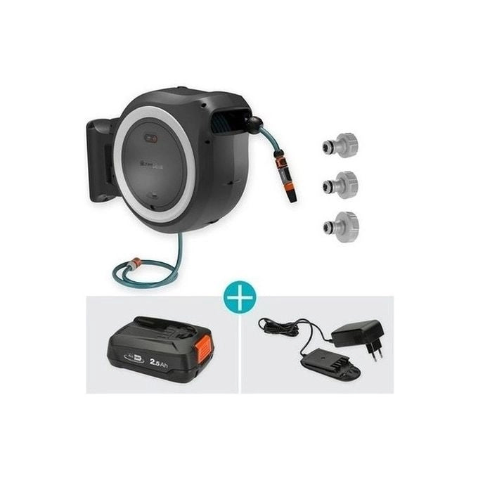 Gardena 18642-20 PowerRoll XL Avvolgitubo a Parete Batteria 18V Tubo 35 m Avvolgimento Automatico colore Nero
