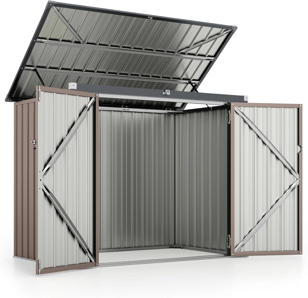 Casetta per Spazzatura Esterna, Capanno da Giardino Bloccabile con Doppie Aperture, 2 Porte e Struttura in Metallo Zincato, Ripostiglio per Patio e Cortile (Grigio Caldo)