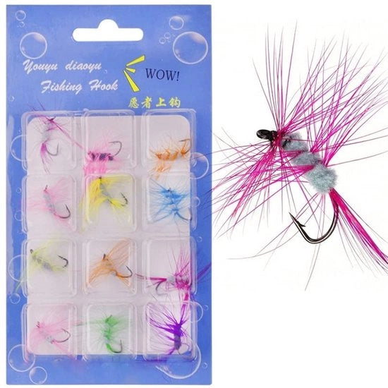 Kit di Mosche per Pesci Volanti - Mosche Artigianali per Acque Superficiali - 12 Pezzi - Lure per Pesci Trota - Pescare in Diverse Condizioni