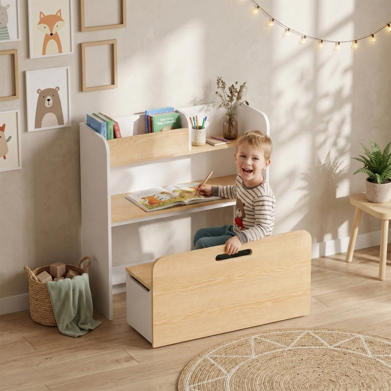 Tavolino per bambini con panca, set di sedute per bambini 5 in 1 con libreria, panca contenitore mobile per bambini con scatola portaoggetti per 3-8