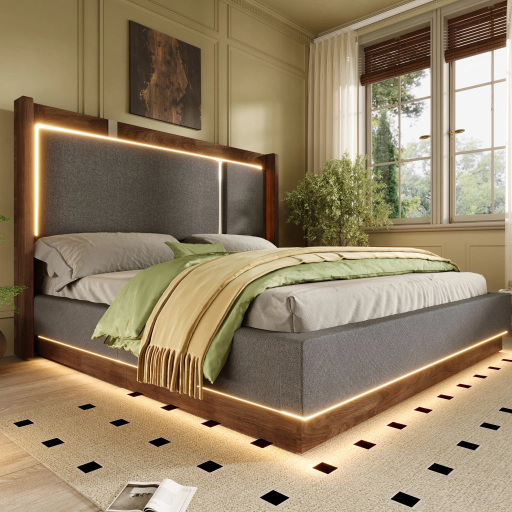 LETTO con contenitore e LED 160x200 cm Grigio e Noce