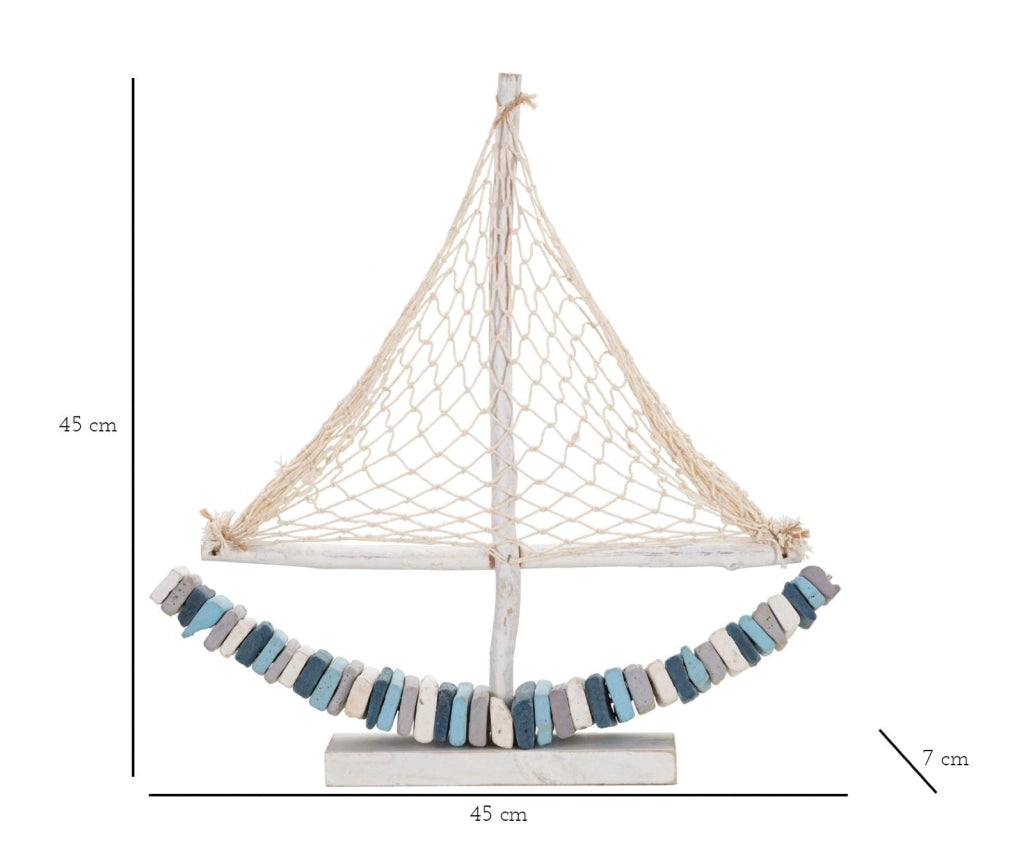 Scultura Barca a Vela in Legno con Rete in Tessuto 45x45 cm - BOAT