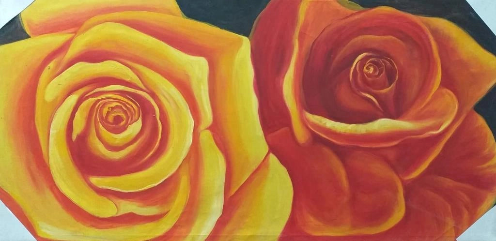 Quadro da Parete Dipinto Grande Rose Rosse e Arancio 70 x 140 cm