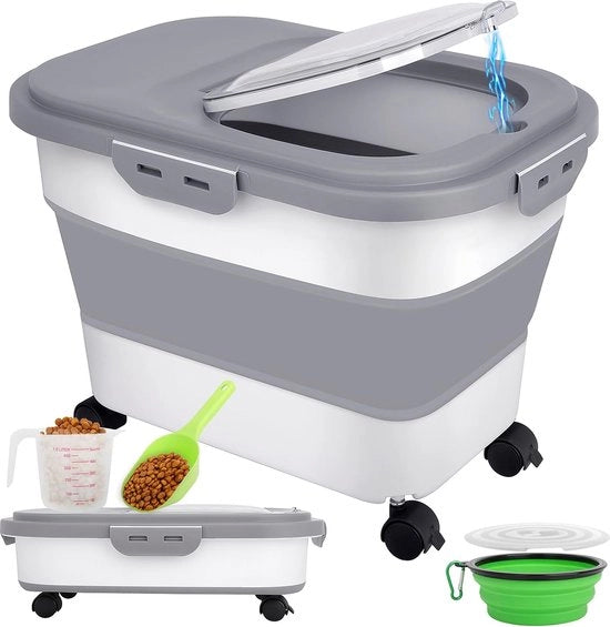 Contenitore per cibo per cani, 7-10 kg, pieghevole, con ruote, cucchiaio, misurino, ciotola per cibo per cani, ciotola per cibo per cani, ciotola per cani, ermetico