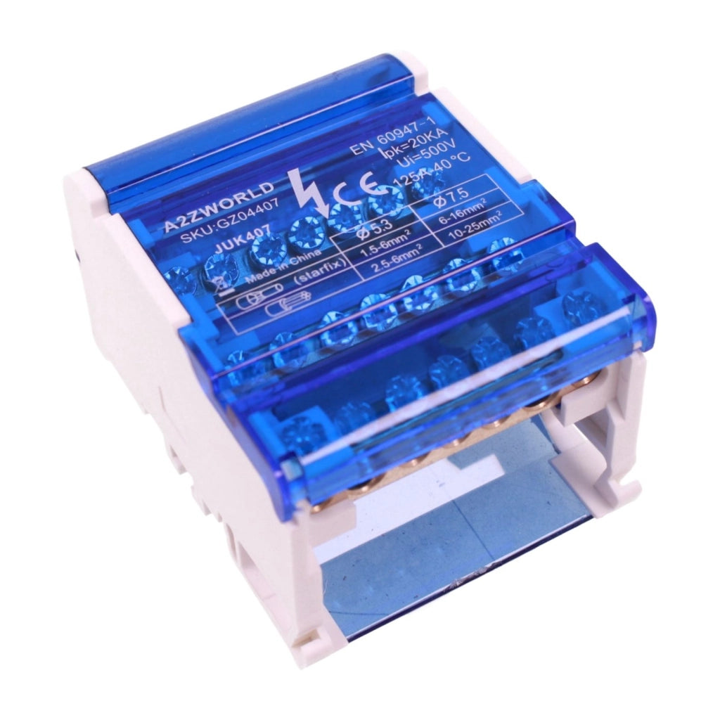 Morsettiera Ripartitore Quadripolare, Box Di Connessione 4 Barre, 125A 690V, Scatola Di Distribuzione Per Quadro Elettrico, Ottone Nichelato, Coperchio Trasparente, PA Nylon UL94V0 (7 Vie)