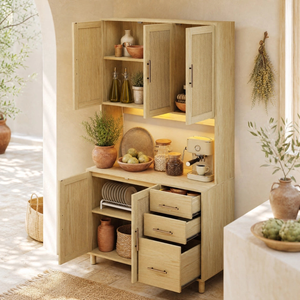 CREDENZA 183 cm con LED, 2 prese, USB, MDF naturale