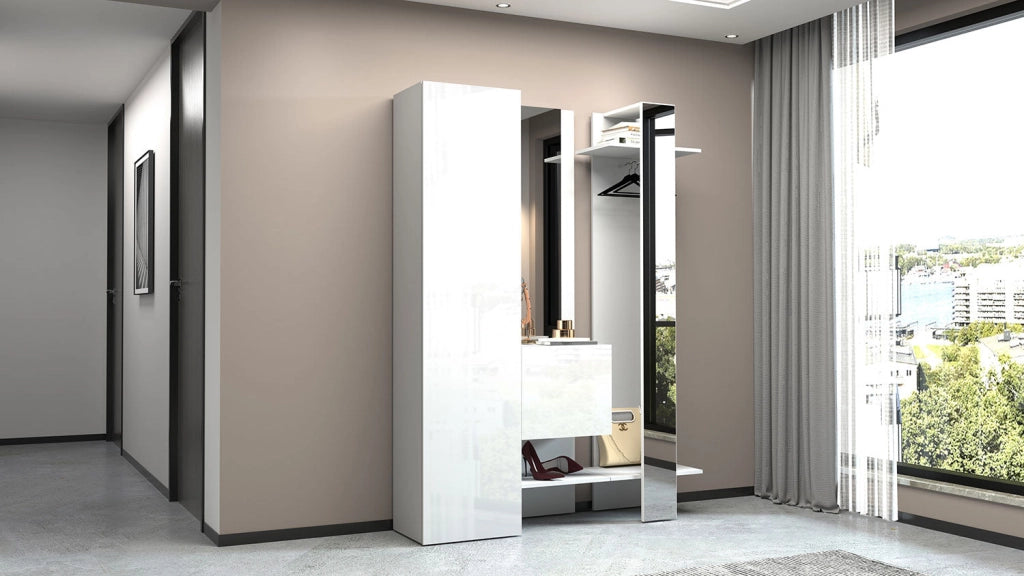 Mobile Ingresso Appendiabiti e 2 Specchi 140x35x191 cm Kompact Bianco Lucido