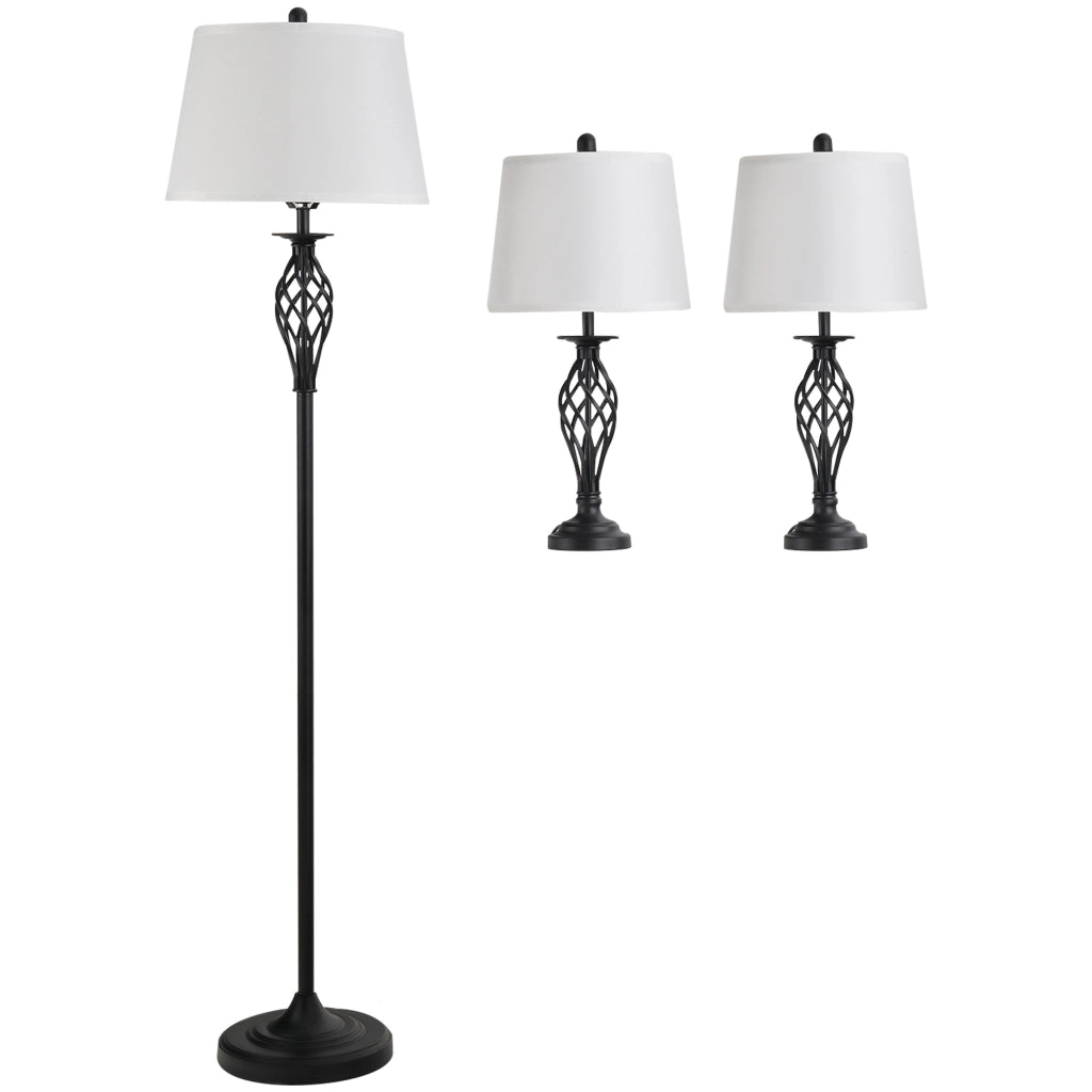 Set di 3 lampade: 2 lampade da tavolo, 1 lampada da terra, stile vintage bianco e nero, in metallo e cotone. Lampada da tavolo: ?38 cm, lampada da