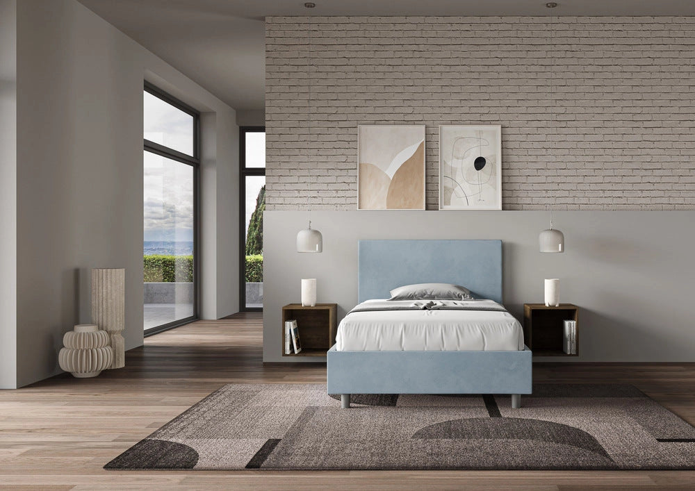 Letto Singolo 80x190 cm con Rete e Contenitore Adele Azzurro