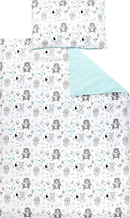 Set di lenzuola per lettino per bambini con disegno, 2 pezzi, letto a due facce, colore: orso/ volpe/moneta, misura: 135 x 100 cm
