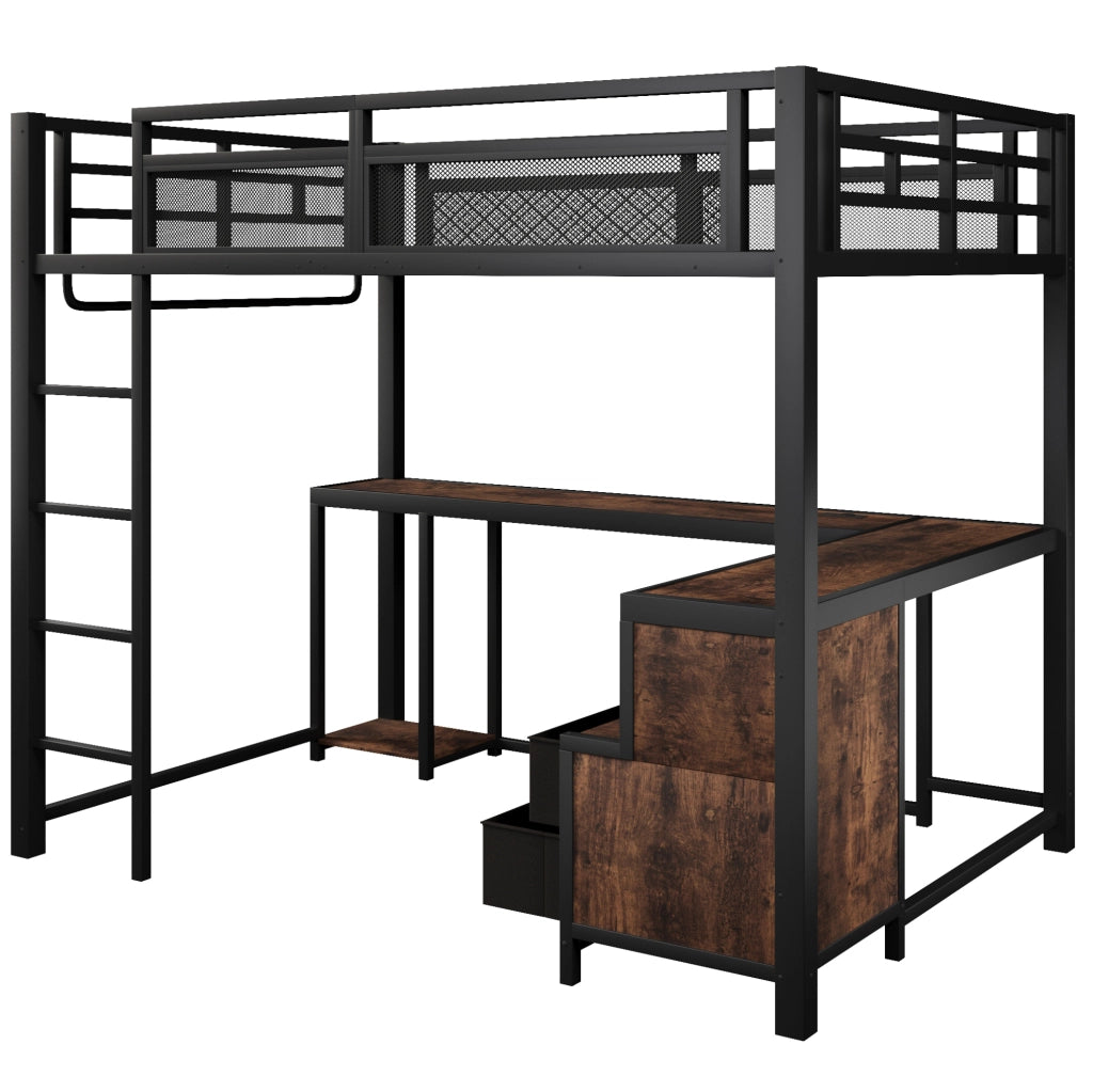 Letto a soppalco 140x200 cm con scrivania, LED, USB e ripiani