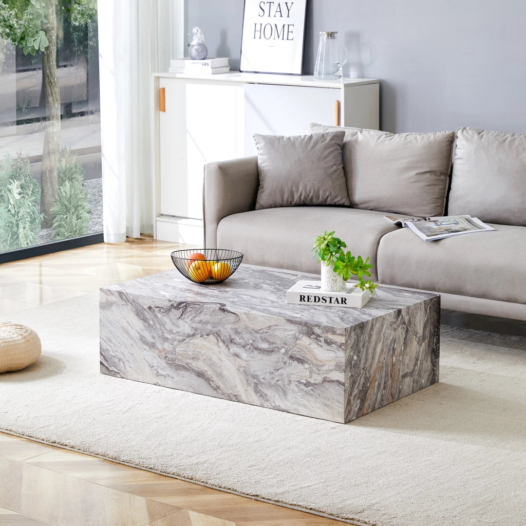 Tavolino basso rettangolare con effetto marmo grigio, in MDF, stile moderno, per soggiorno, 90 × 50 × 30 cm