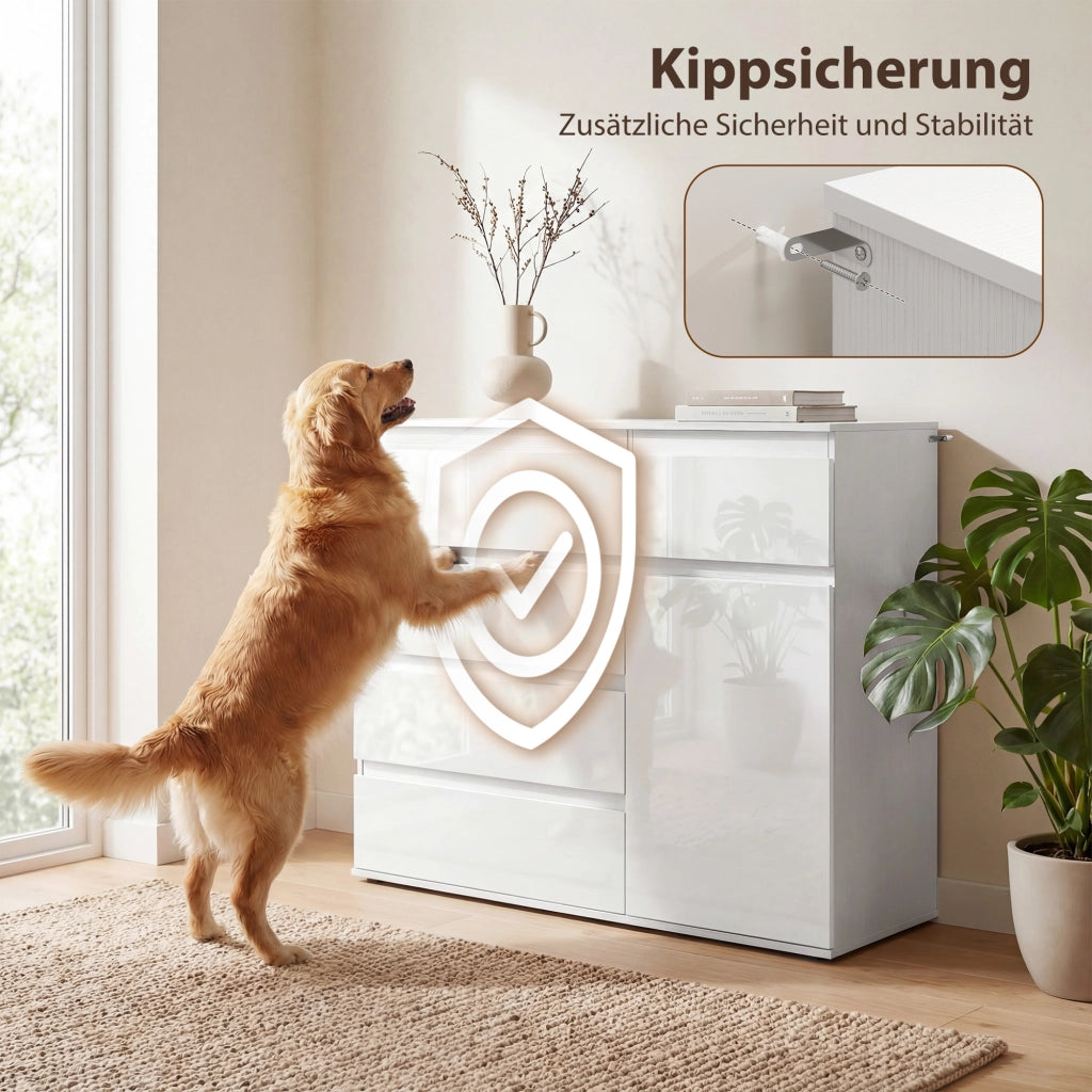 Sideboard con 5 cassetti e scaffale regolabile ¨C Minimal ¨C bianco lucido
