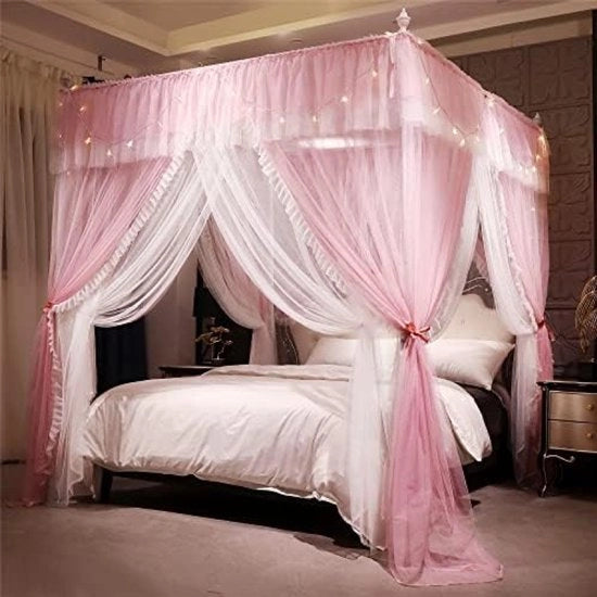 Letto a Tenda con Ruches - Tenda Quadrata con 4 Aperture - Rete a Mosche a Doppio Strato - Romantico e Leggero - Ideale per Camera da Ragazza (Rosso/Bianco, 200x210 cm)