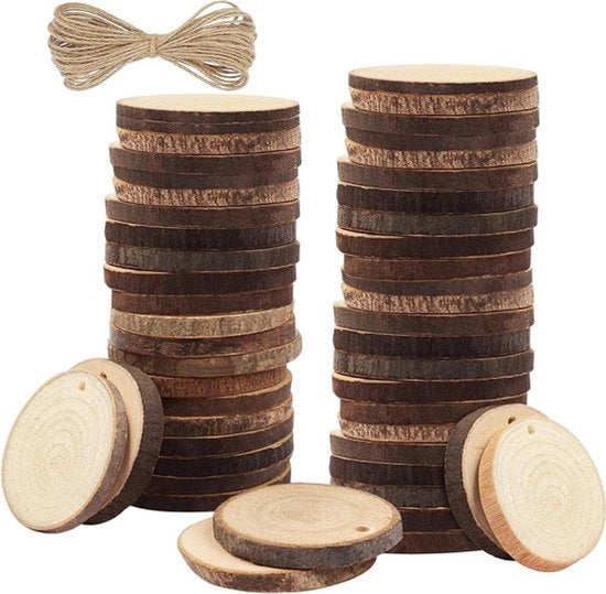 Scaglie di Legno Naturale - 50 Pezzi - Intonse - 3-5cm di Diametro & 5mm di Spessore - Fori Predrillati & 10m di Corda - Scoria e Finitura Liscia - Hobby e Decorazione - Rustico.