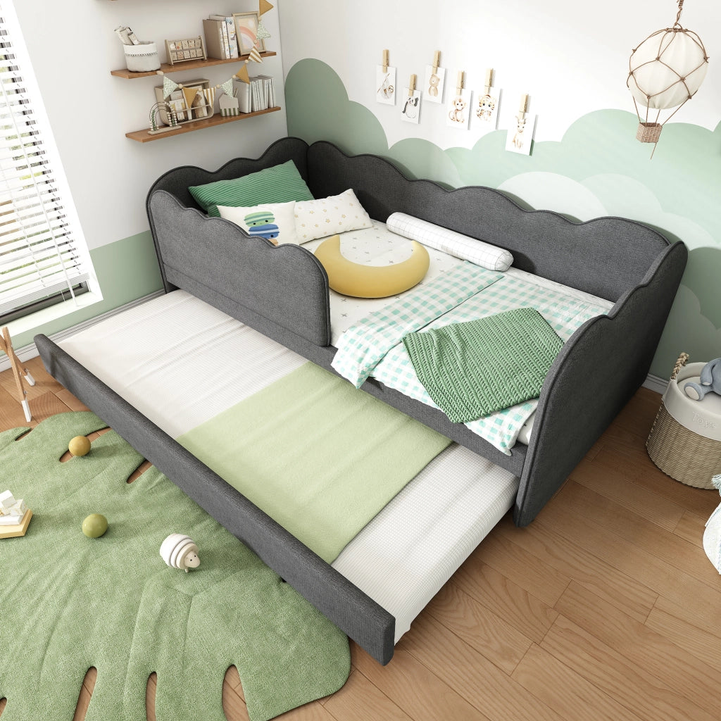 OKWISH Letto Bambini 90×190 cm, Letto Singolo estraibile con Letto estraibile, Sponda e Schienale Imbottito, senza Materasso, Lino, Grigio
