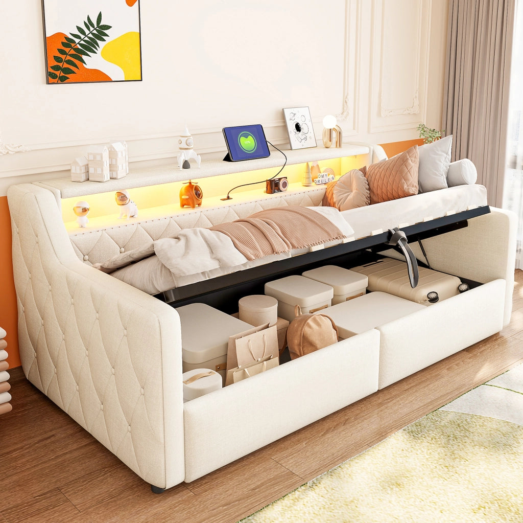 Daybed 90x200 cm con contenitore idraulico, LED e porte USB/USB-C