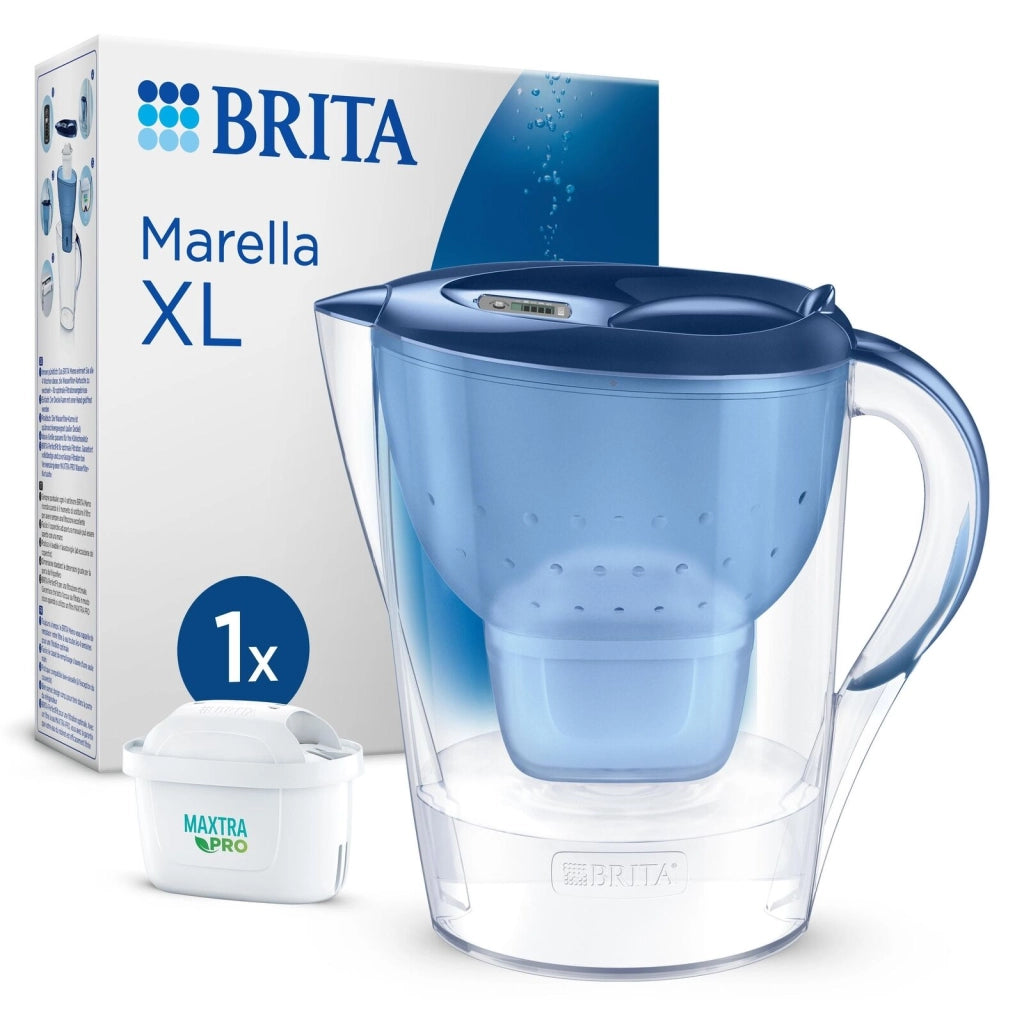 Brita Caraffa filtrante Marella blu (3.5L) incl. 1 x filtro MAXTRA PRO All-in-1 - adatta alla porta del frigorifero con Memo digitale e coperchio ribaltabile
