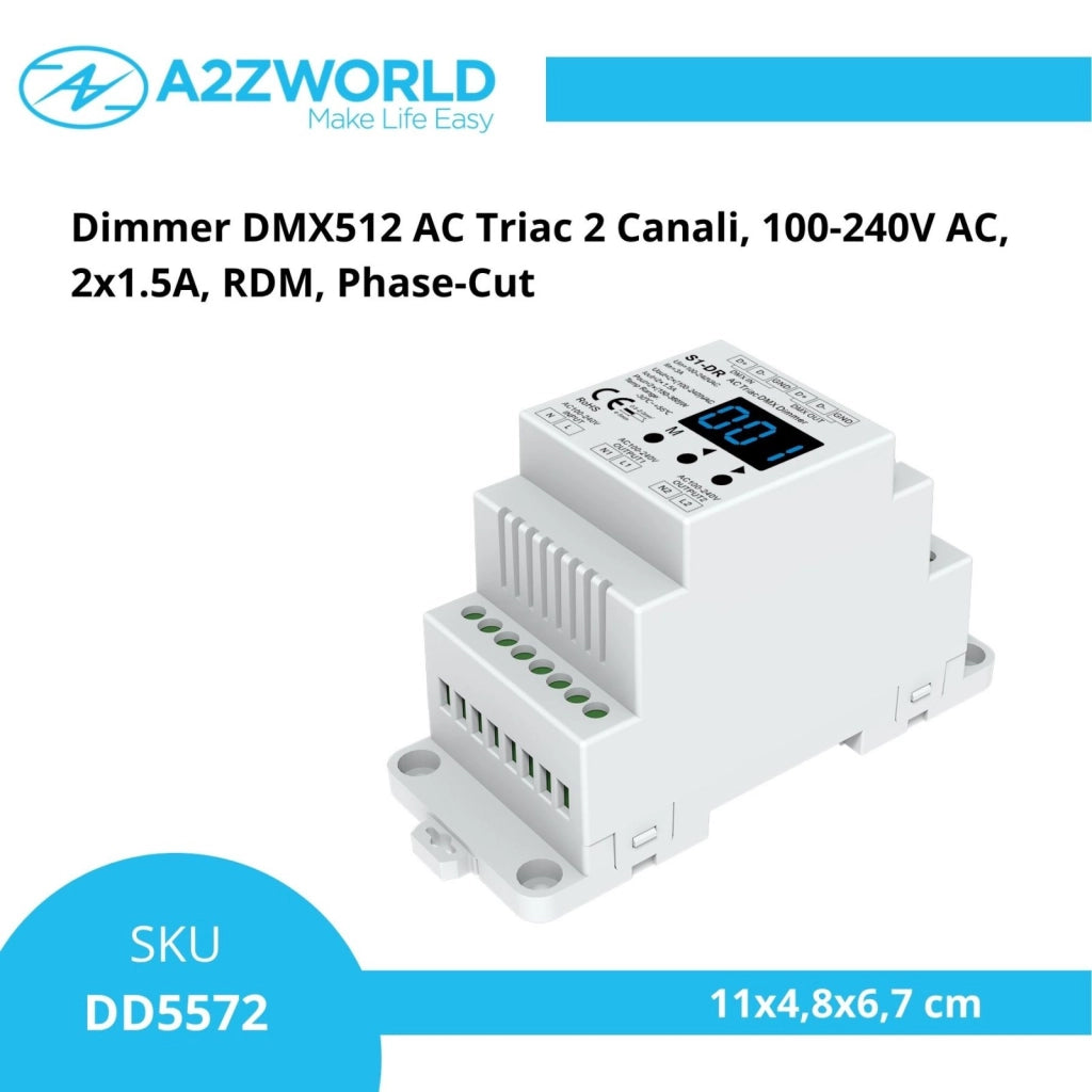 Dimmer DMX512 AC Triac 2 Canali, 100-240V AC, 2x1.5A, RDM, Phase-Cut