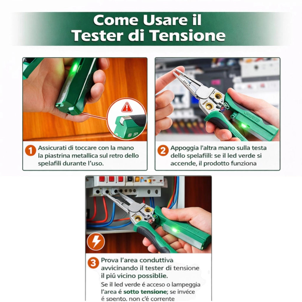 Pinza Spelafili 8 in 1 con Tester Tensione AC/DC 12–250v Pinza per Taglio 07828