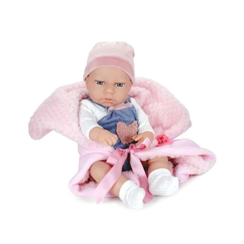 Bambolotto,Eva Collection, con salopette blu e copertina rosa,Hungary Toy,eta 3+