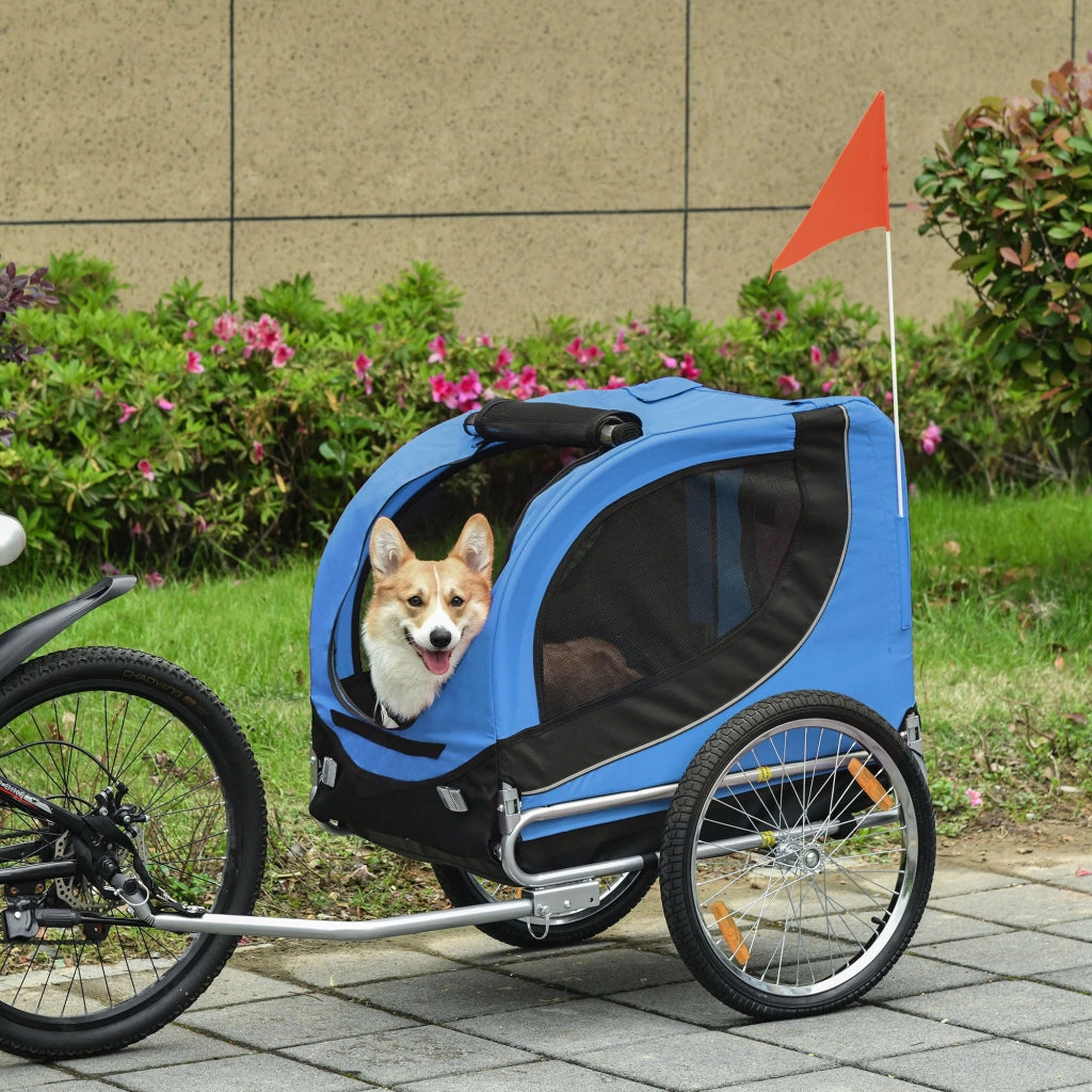 Easycomfort Rimorchio Bici per Cani Taglia Media con Punto di Attacco, Finestre Laterali e Bandierina, Rimorchio per Bici in Acciaio e Tessuto Oxford, 130x73x90 cm, Blu e Nero