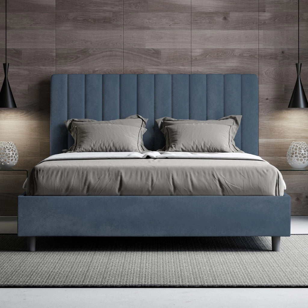 BS COM Letto matrimoniale senza rete imbottito 160x200 microfibra blu