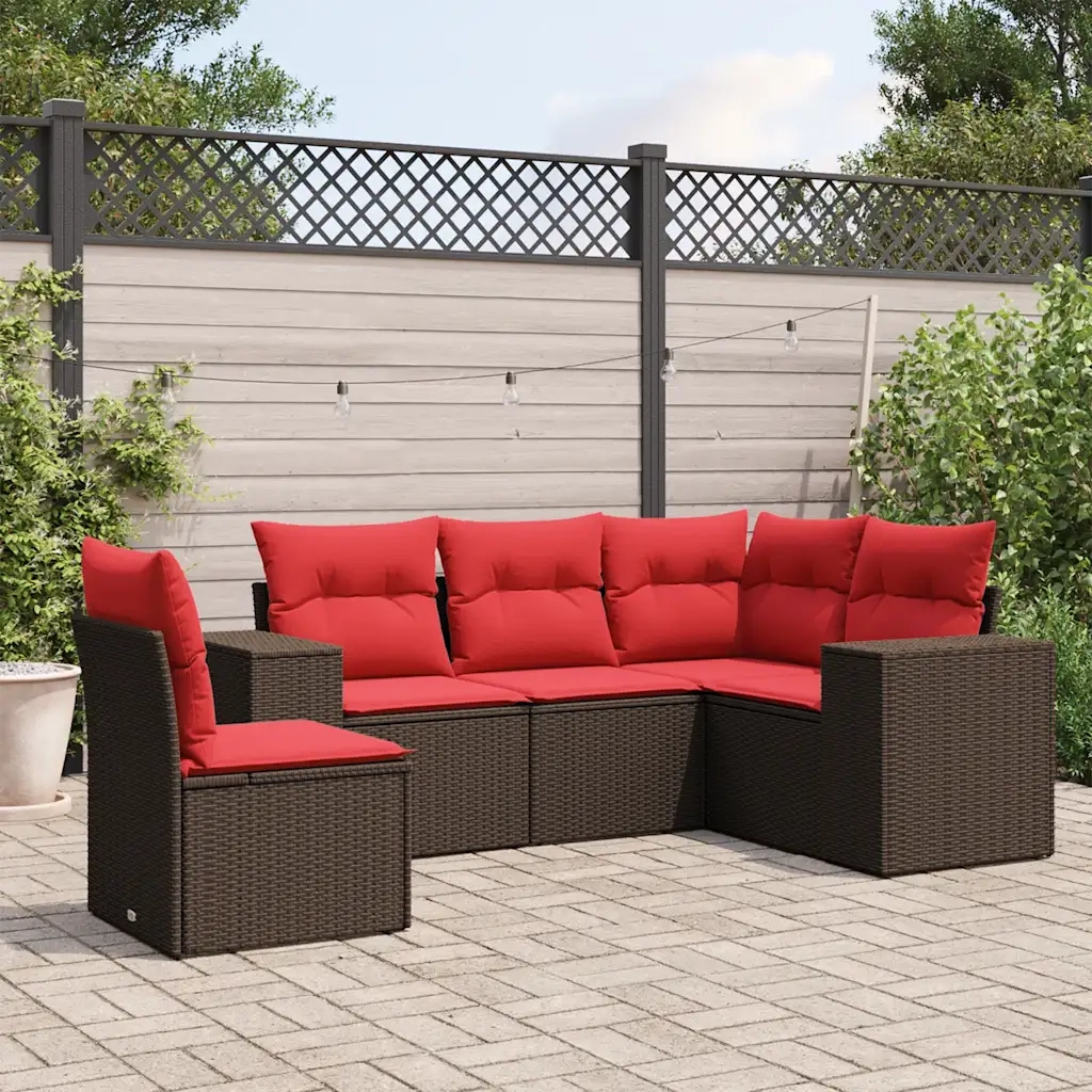Set Divani da Giardino 5 pz con Cuscini Marrone in Polyrattan 3222573