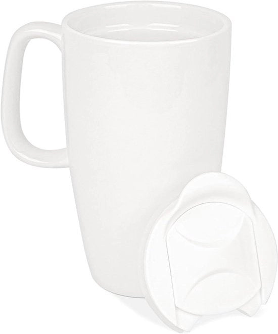 Tazza da Caffè in Ceramica con Coperchio Scorrevole - Tazza Riciclabile - 19oz Formato - Grande Tazza con Manico - Resistenente al Lavastoviglie e al Microonde - Grigio