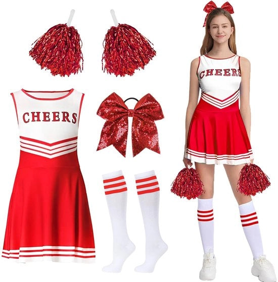 Costume da cheerleader con pomponi - Disponibile in 2 colori e 3 taglie - Costume da cheerleader