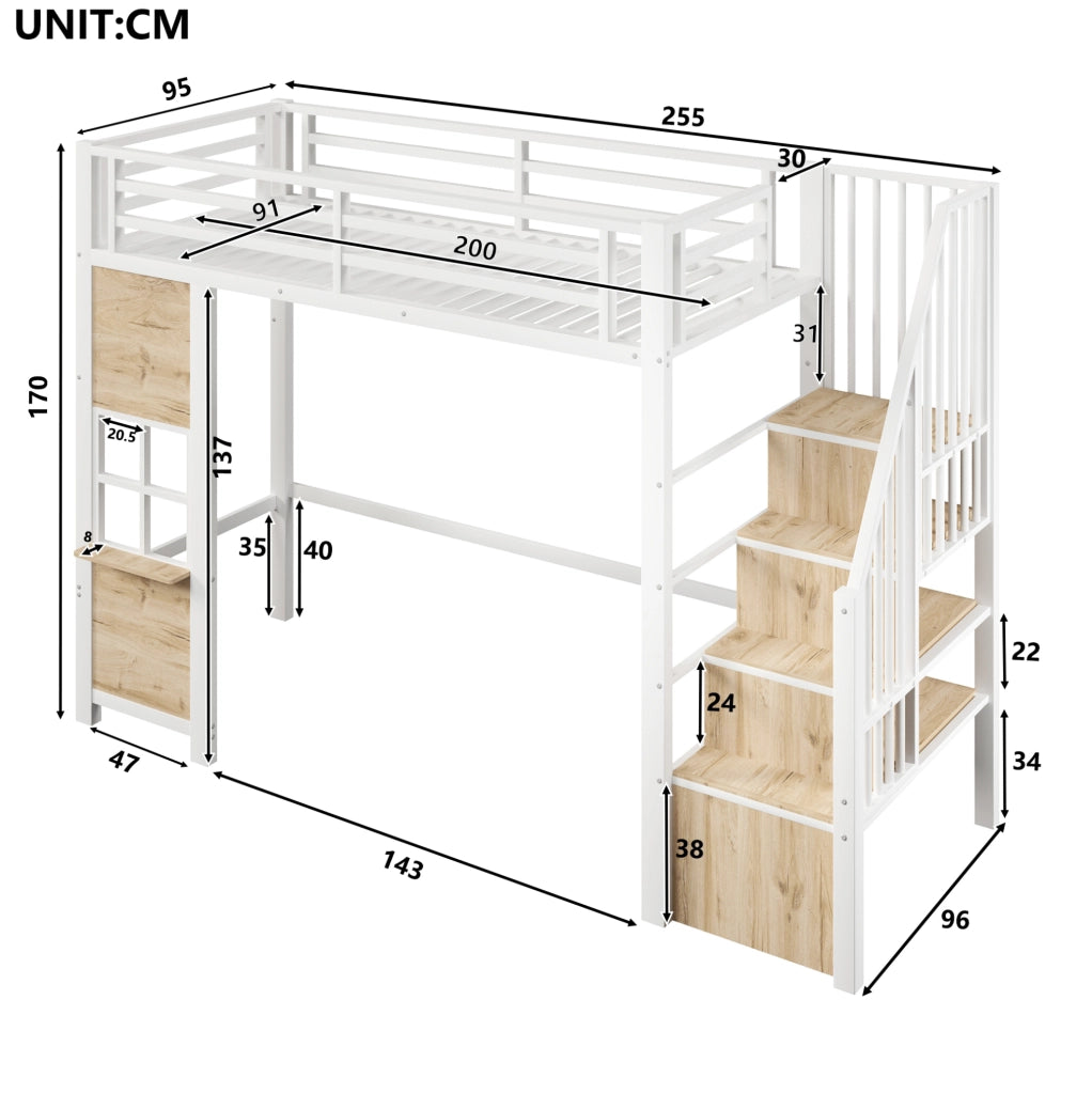 Letto a soppalco 90x200 cm con scala contenitore e area gioco bianco